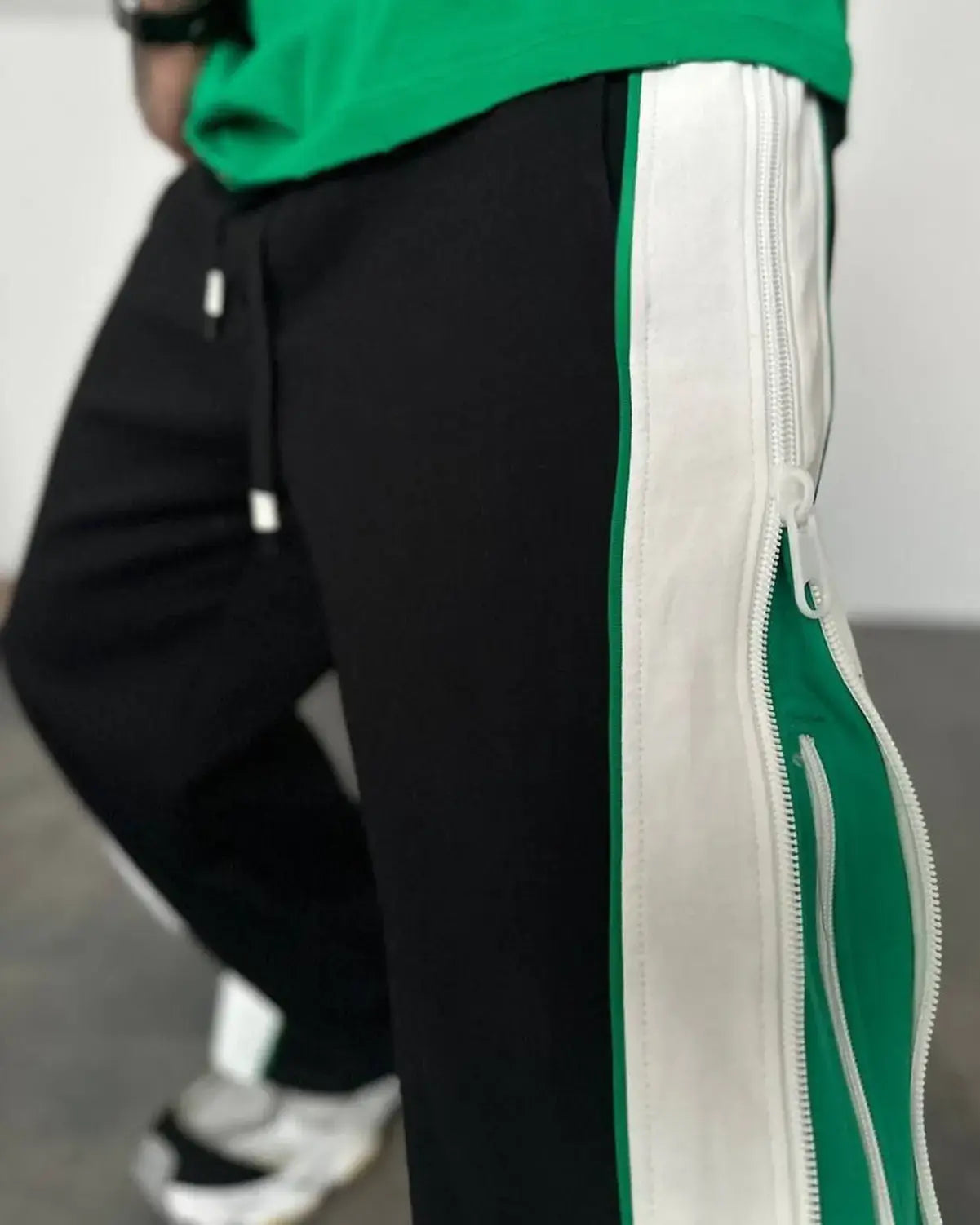 Green & White Panel Wide-Leg Track Pants with Zipper Detail.
