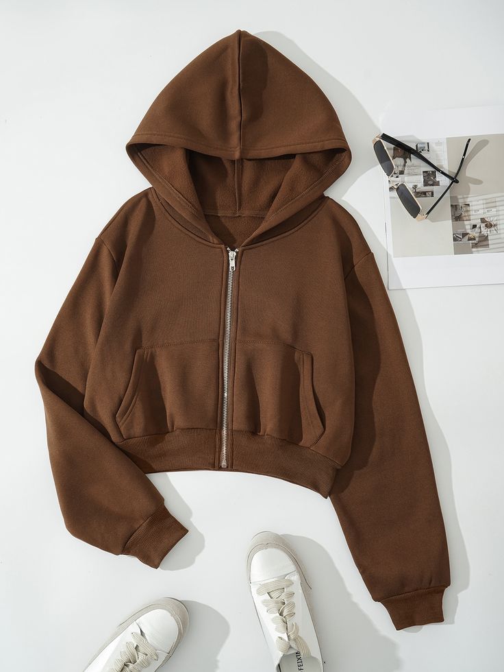 Mocha Crop Zip-Up Hoodie