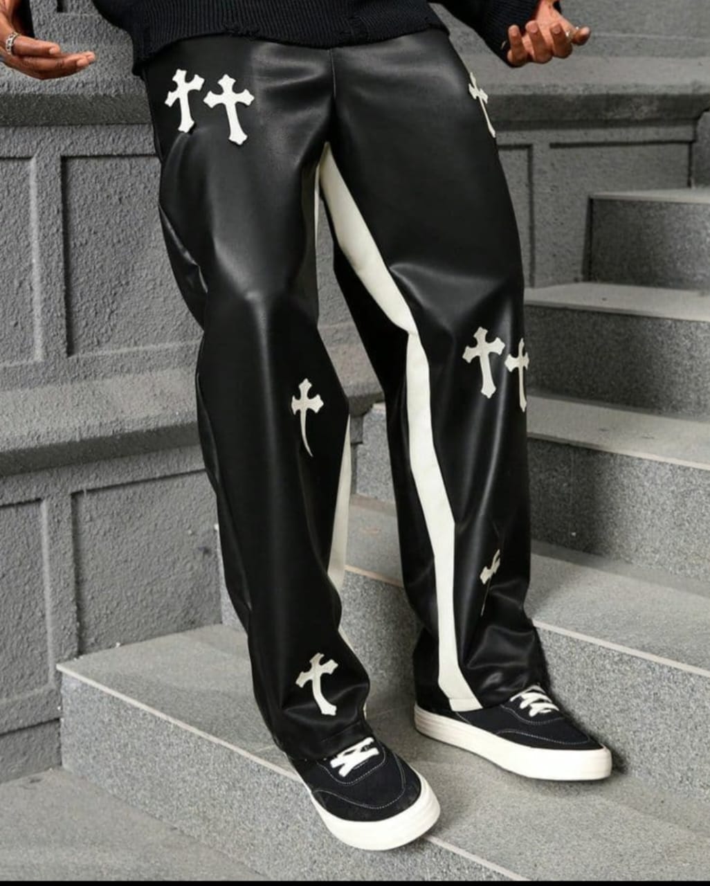 Black Jogger Pants with White Gothic Cross Patches