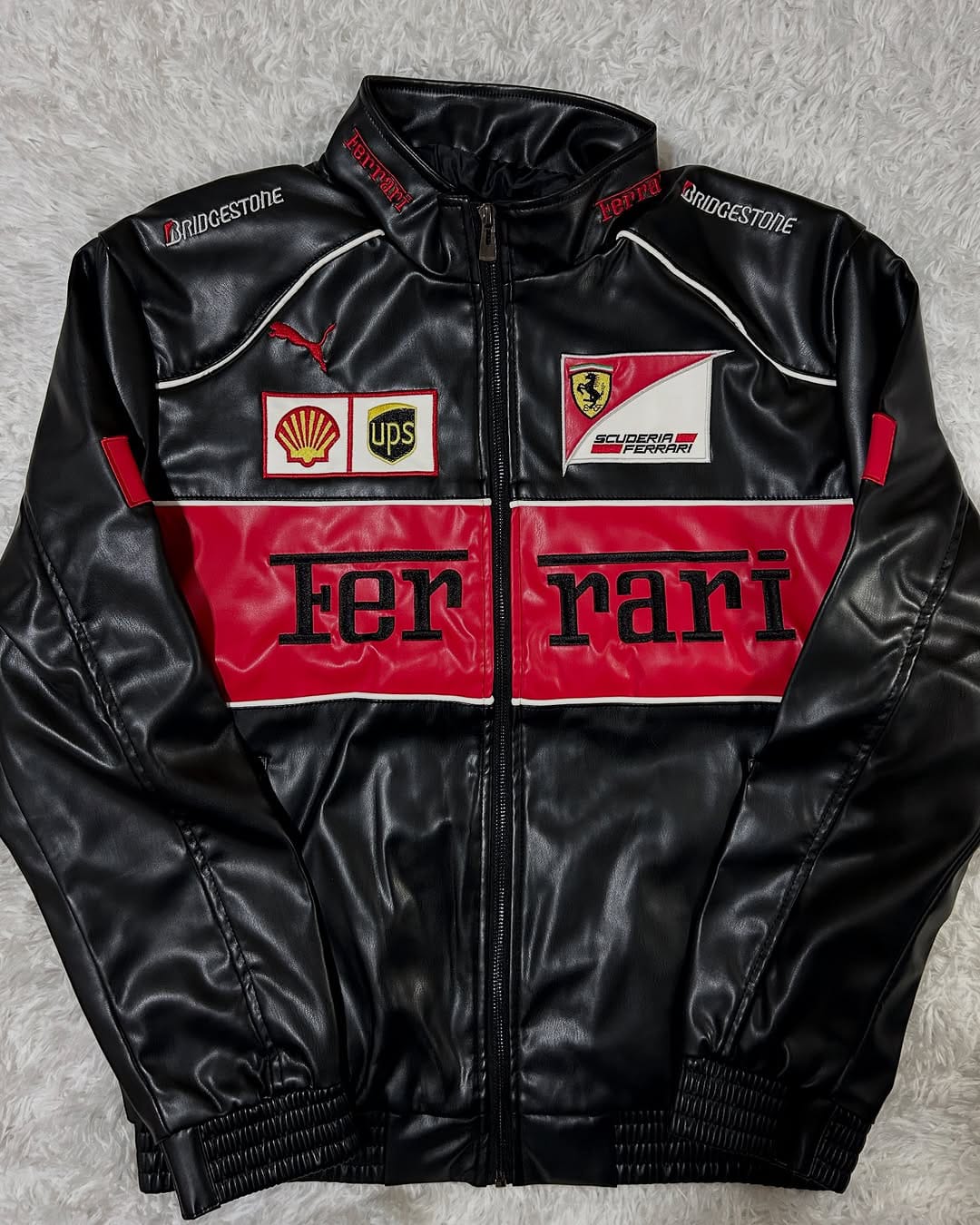 Ferrari racing fully embroidered jacket in black& red leather | Xoratic.