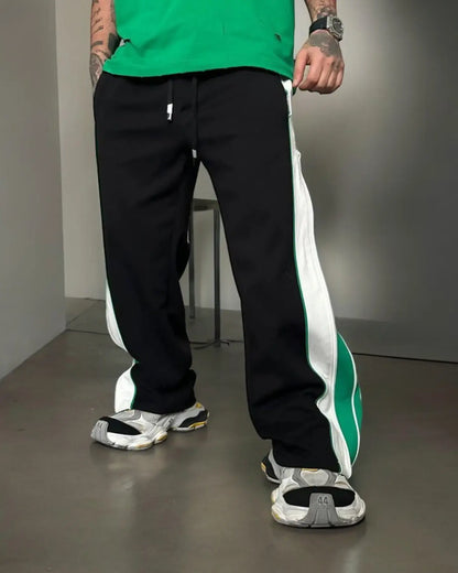 Green & White Panel Wide-Leg Track Pants with Zipper Detail.