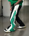 Green & White Panel Wide-Leg Track Pants with Zipper Detail.
