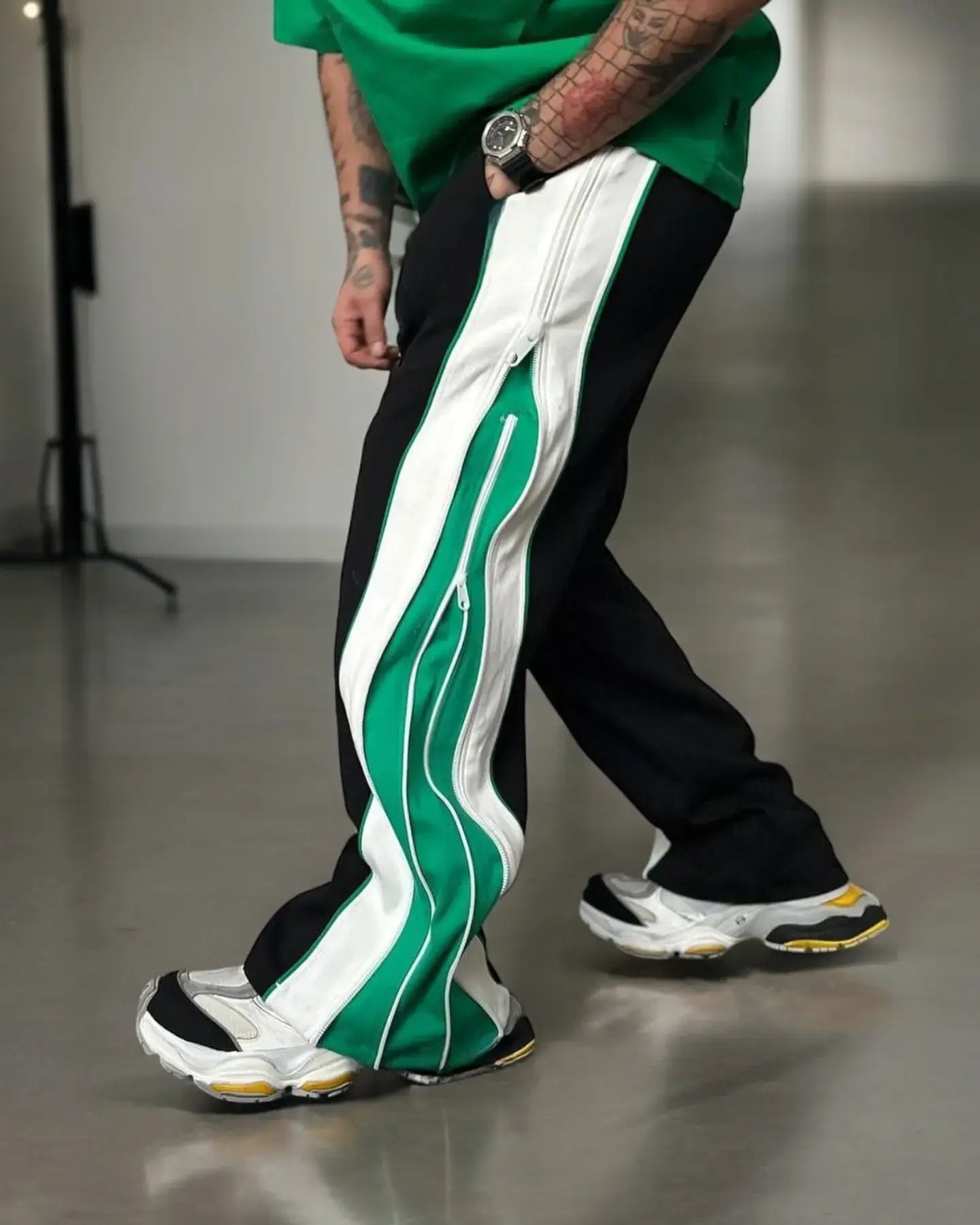Green & White Panel Wide-Leg Track Pants with Zipper Detail.
