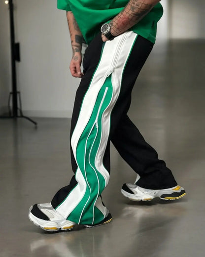 Green & White Panel Wide-Leg Track Pants with Zipper Detail.