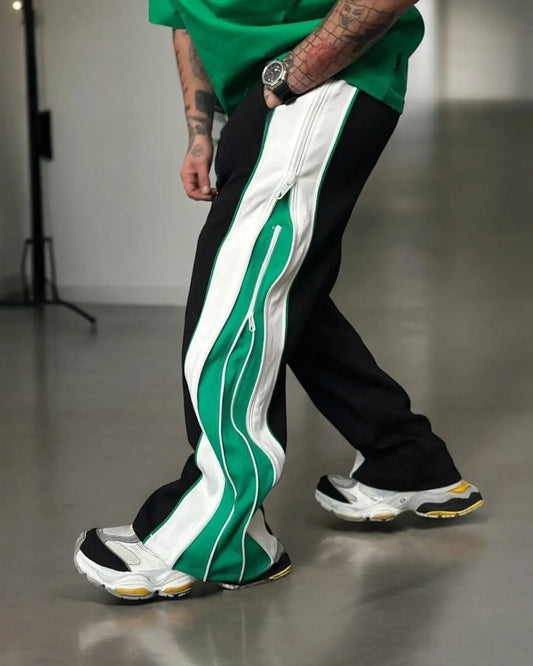 Green & White Panel Wide-Leg Track Pants with Zipper Detail.