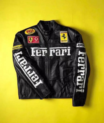 Ferrari racing fully embroidered jacket in black leather.