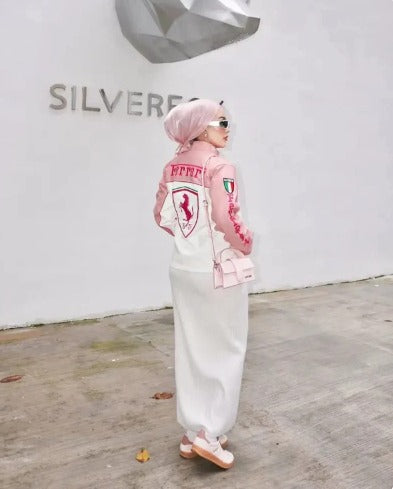 Ferrari racing fully embroidered jacket in pink for girls.