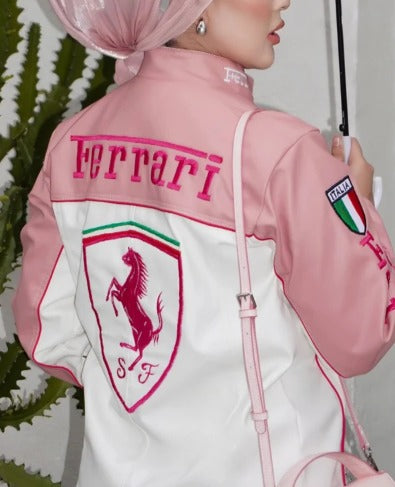 Ferrari racing fully embroidered jacket in pink for girls.