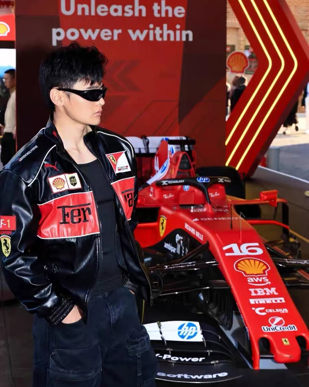 Ferrari racing fully embroidered jacket in black& red leather | Xoratic.