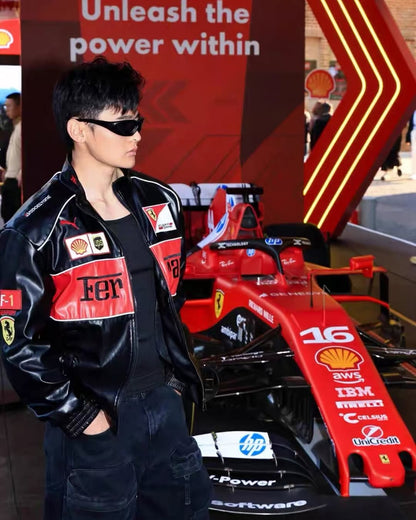 Ferrari racing fully embroidered jacket in black& red leather | Xoratic.