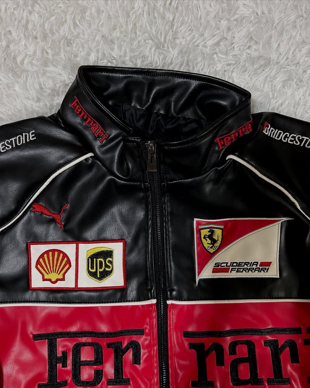 Ferrari racing fully embroidered jacket in black& red leather | Xoratic.