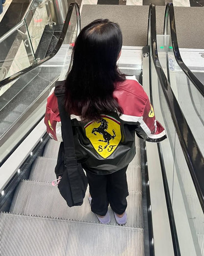 Ferrari racing fully embroidered jacket in black& maroon.| Xoratic.