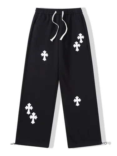 Black Jogger Pants with White Gothic Cross Patches.