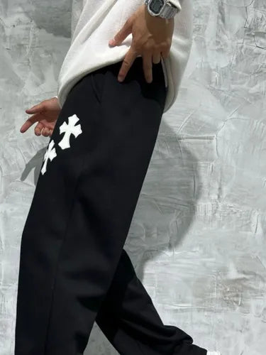Black Jogger Pants with White Gothic Cross Patches.