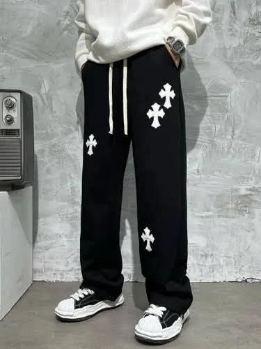Black Jogger Pants with White Gothic Cross Patches.
