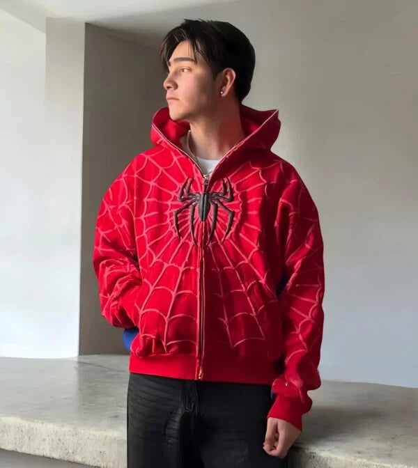 Spider hoodie in red with puff print.